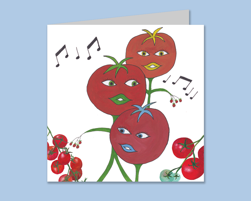 Shows a greetings card with musical tomatoes 'The Monies' a vocal group from Salad Days by Annabel Books.